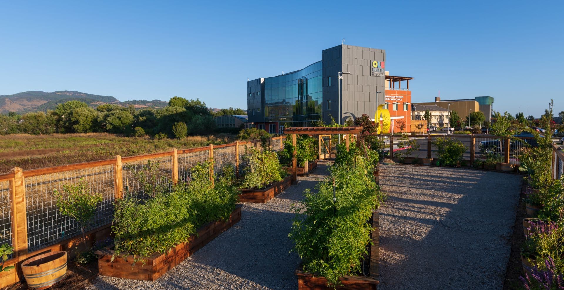 The Napa Valley Vintners South Napa Campus set against the Napa Valley hills